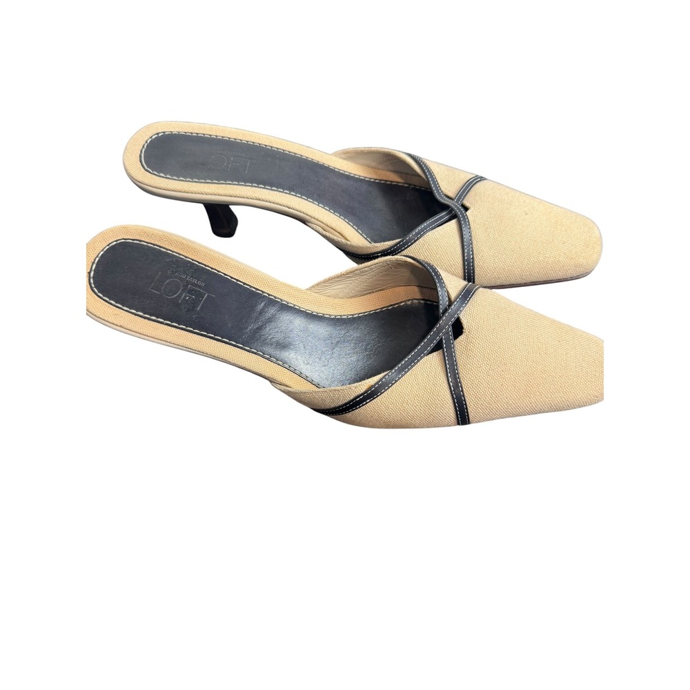 Ann Taylor Loft Tan Canvas Kitten Heel Mules Black Leather Trim Pointed Toe 8.5M